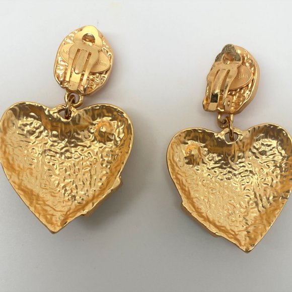 Gorgeous Gold Plated Assorted Cabochons Heart Dangle Clip on Earrings - Picture 6 of 6